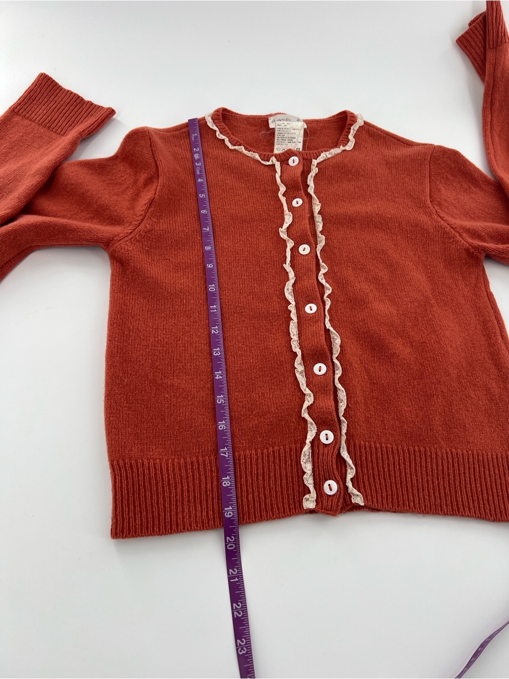 Vintage Agnes B. Rust Red Ruffle-Trim Cardigan Sweater feminine romantic dainty - Picture 4 of 8